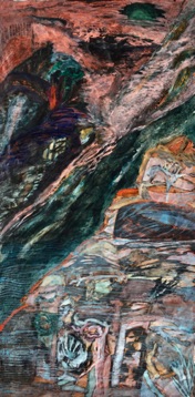 Deluge, Flood Through
Mountain, Mixed media
on Nepalese paper,
110 x 56cm Deluge, Flood Through
Mountain, Mixed media
on Nepalese paper,
110 x 56cm